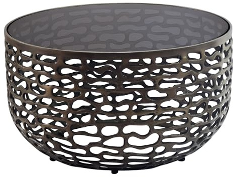 FineBuy Couchtisch Aluminium Glas 60cm Schwarz - Runder Wohnzimmertisch Metall - Design Sofatisch - Moderner Loungetisch Gitteroptik - Beistelltisch Wohnzimmer Handmade