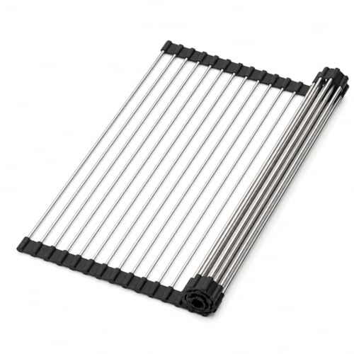 Scolapiatti da Lavello e da Appoggio Pieghevole in Acciaio Inox 43x34 cm | Arrotolabile e ritagliabile, utilizzabile come scolapiatti, griglia per lavello o piano d'appoggio salvaspazio in cucina