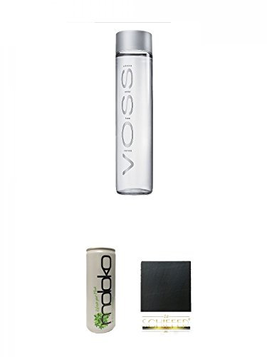 Voss Artesian STILL Gletscher Wasser in Glasflasche 0,8 Liter + Moloko Softdrink 0,25 Liter + Schiefer Glasuntersetzer eckig ca. 9,5 cm Durchmesser
