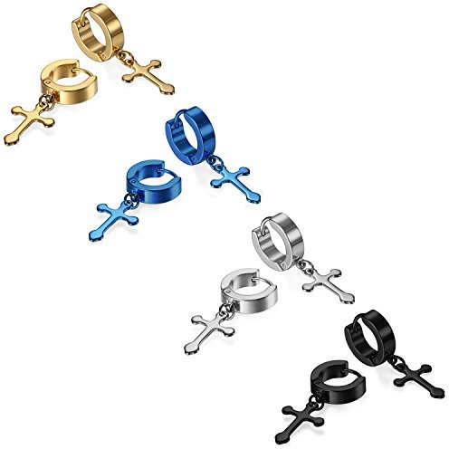 JewelryWe Schmuck 4 Paar Herren Damen Ohrringe Creolen, Edelstahl Kreuz Huggie Klappcreolen Ohrstecker Ohrhänger Silber Gold Schwarz Blau