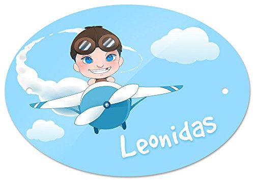 Eurofoto Türschild mit Namen Leonidas und Motiv mit Flugzeug und Pilot für Jungen | Kinderzimmer-Schild