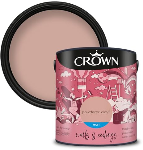 Crown WALLS & CEILINGS Blush Pink Matt Emulsion Paint 2.5L | Rich velvety matt in Powdered Clay. Covers beautifully. Ideal for bedrooms & living rooms. Low VOC, low odour, vegan