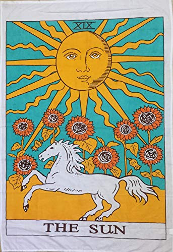 Indian Consigners The Sun Tarotkarten-Wandteppich, buntes Baumwoll-Poster, Wandbehang (100 cm x 75 cm)