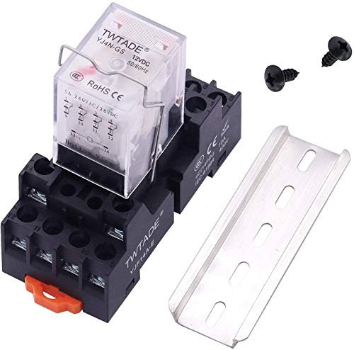 TWTADE DC 12V Relais de Puissance électromagnétique 14 Broches DPDT (4NO 4NC) Relais Indicateur LED à Bobine Avec Prise YJTF08A-E/Rail Rainuré Aluminium/Vis/Crochet de Base YJ4N-GS-DC 12V