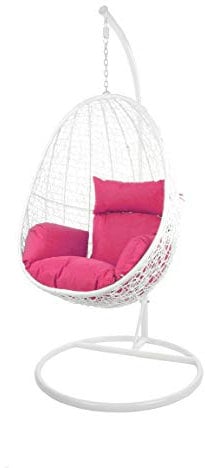 Kideo Swing Chair, Lounge-Möbel, Loungesessel Polyrattan, Hängestuhl, Hängesessel mit Gestell & Kissen (weiß/pink)