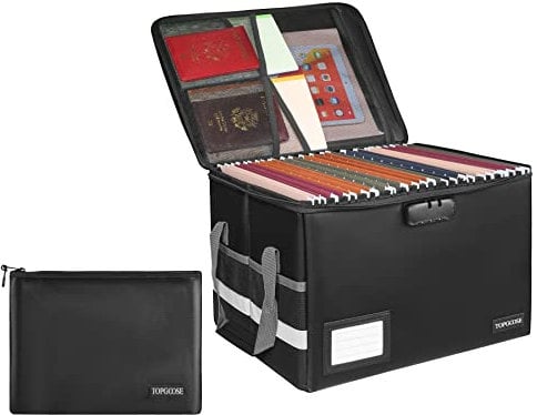 TOPGOOSE Fireproof File Box with Lock, File Storage Organizer Anti-Static Box, Collapsible File Storage Box with Zippers and Inserts Bag with Handle for Hanging Letter/Legal Folder (Black)