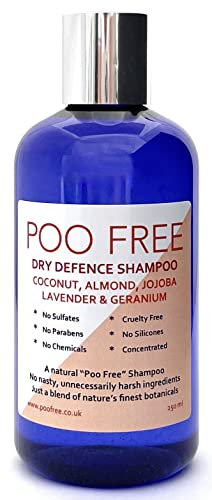 99% Natürliches TROCKENES SHAMPOO - ALOE VERA, MANDEL, JOJOBA, GERANIUM & LAVENDEL - 250 ml von POO FREE. Ohne Sulfat, Ohne Parabene. Konzentriert, Leicht zu Spülen. pH 5.5 fur Empfindliche Haut.