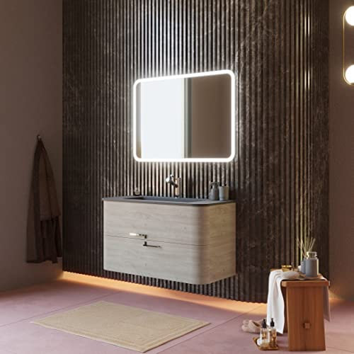 Kiamami Valentina - Mobile sospeso bagno 100 cm rovere artico lavabo in resina nero | Hollywood