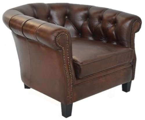 Casa Padrino Luxus Chesterfield Leder Sessel Dunkelbraun/Schwarz 80 x 80 x H. 66 cm - Echtleder Wohnzimmer Sessel - Chesterfield Wohnzimmer Möbel
