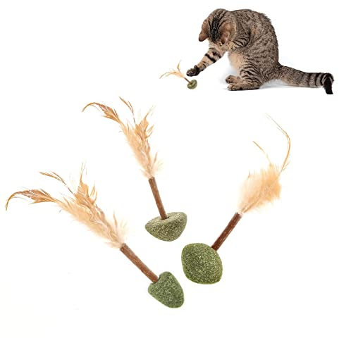 Diyxisk 3 Stück Katzenspielzeug, Katzenminze-Spielzeug für Katzen Interaktive Katzenminze-Bälle mit Stäbchen und Federn zum Zähneputzen, Katzenspielzeug für Katzen, Kätzchen