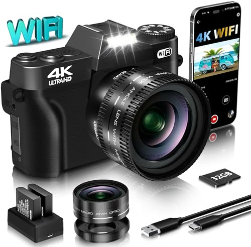 Appareil photo numérique pour photographie VJIANGER 4K 48MP Vlogging Camera pour YouTube avec WiFi, écran rabattable 180 degrés, zoom numérique 16x, grand angle 52 mm et objectif macro, 2 batteries,