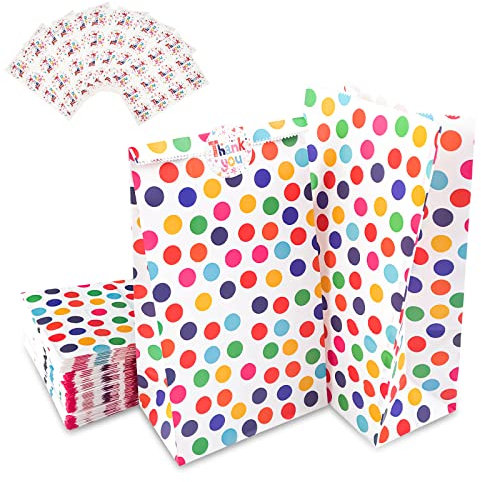 Avesteir 50 Stück Geschenktüten Kindergeburtstag mit 84 Aufkleber, Candy Papiertüten Bunt Punkte, Geburtstagstüten zum Verpacken Dessert und Mitgebsel, für Kindergeburtstag, Hochzeit, Party, Feiern