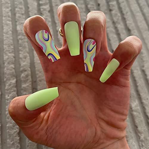 24Pcs French Tip Coffin False Nails, Green Stick on Nails Medium Length Press on Nails, Fake Nails Set with Adhesive Tabs, Removable Acrylic Full Cover Glue-on Nails for Women Girls