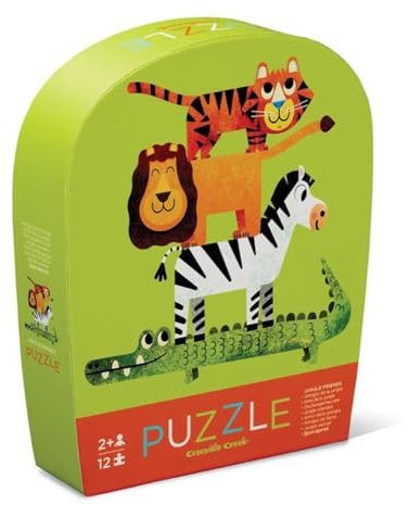 Crocodile Creek Mini Floor Puzzle - Jungle Friends - 12 Large Jigsaw Pieces - for Kids Ages 2 Years and up - Heavy-Duty Box for Storage - Finished Puzzle is 9” x 12”