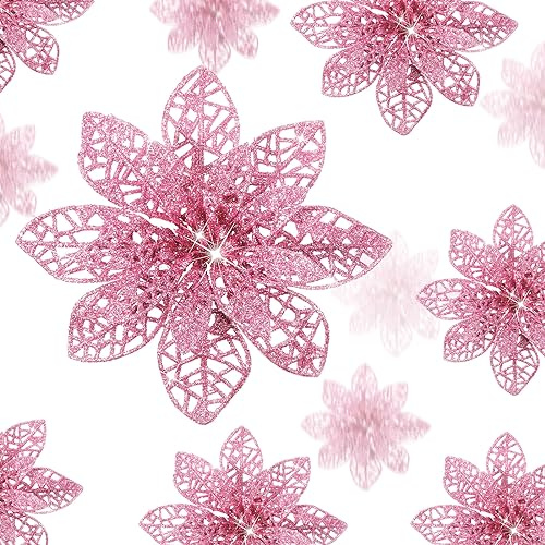 Lot de 36 Fleurs de Poinsettia à Paillettes pour Mariage, Sapin de Noël, Nouvel an (Rose)