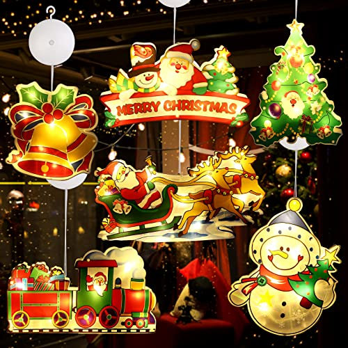 Vegena Fenster Weihnachtsbeleuchtung 6 Stück - Fensterbeleuchtung Weihnachtsdeko Fenster Leuchte mit Saugnapf für Weihnachten Party Baum Kinderzimmer Innen, Batteriebetrieben (ohne Batterie)