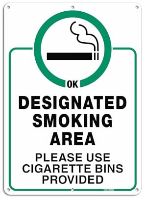 T&R Designated Smoking Area Sign, Use Cigarette Bins Sign - 1 Pack - 14 x 10 Inches Rust Free .040 Aluminum - UV Protected, Waterproof, Weatherproof and Fade Resistant - 6 Pre-drilled Holes