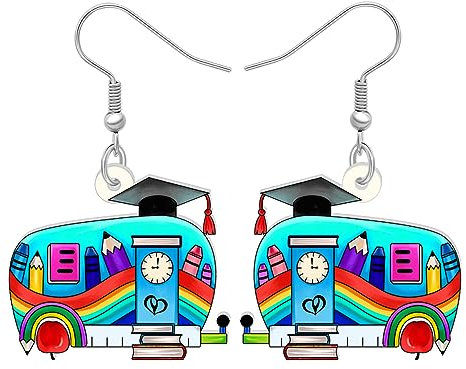 LONYOO Zurück zu Schule Bus Ohrringe Baumeln Schmuck Acryl lustig LKW Auto Geschenke für Lehrer Frauen Mädchen Kinder Charms (Blau)