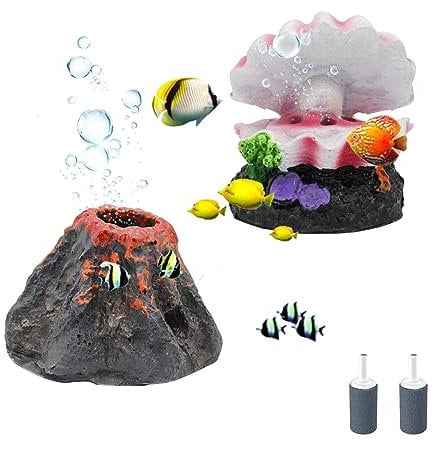 MultiValue 2 Pcs Fish Tank Decorations, Mini Artificial Volcano Aquarium Ornaments Cute Scallop Pearl Fish Tank Ornament, Can Use for Oxygen Pump, Lovely Small Fish Tank Accessories (Volcano+Scallop)