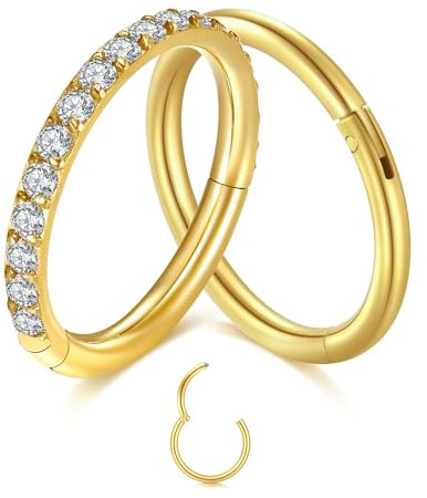 NIUSIMAN 2PC Nasenpiercing Gold 20G Nasenpiercing Ring Dünn Chirurgenstahl Helix Piercings Kristall Scharnier Ohrringe Hoop Clicker Hinge Ring Ohr Tragus Nase Septum Piercing Set für Frauen und Männer