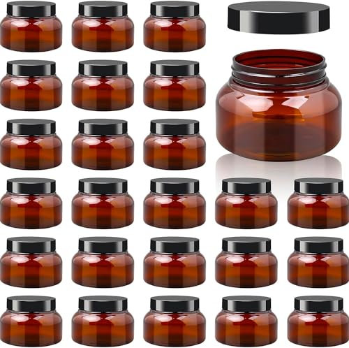 24 Pack 240ml Plastic Jars with Lids and Labels Premium Refillable Amber Plastic Cosmetic Containers Empty Body Butter Tuscany Jars for Cream, Lotions, Gels, Sugar Scrubs (Brown, 250ml)