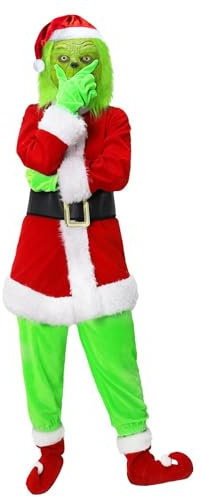 Claofoc Grinch Kostüm Kinder Jungen Deluxe 7 Teiliges Weihnachtsmann Anzug Set Weihnachts Cosplay Kostüm Outfit mit Grinch Maske Handschuhen Mütze Hosen Socken (XL)
