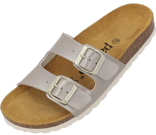 Palado Pantoletten Damen Milos Metallic – elegante Sandalen Made in Spain - bequeme Hausschuhe mit Kork-Fußbett - modische Sommerschuhe Beige UK3,5 - EU36