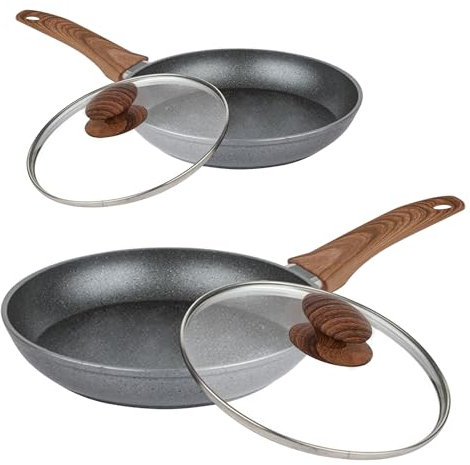 AEX Non-Stick Copper Frying Pan with Wooden Handles | Suitable for Induction Electric and Gas Hobs | Anti-Scratch Pans | Non-Stick Frying Pans (2 Pan with Lid)