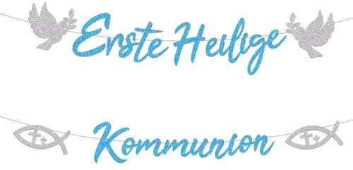 Erste Heilige Kommunion Girlande, Konfirmation Deko Flagge, Taufe Deko Banner, Hängedeko Banner Konfirmation für Erstekommunion Deko, Taufe Party Dekoration (Blau)