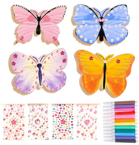 XLZJYIJ 56 Stück Bastelsets für Kinder, Holz Schmetterling zum Basteln mit Aquarellstift & Edelsteinaufkleber, Schmetterling Bastelset für Mädchen Junge DIY Handwerk Schule Kindergarten