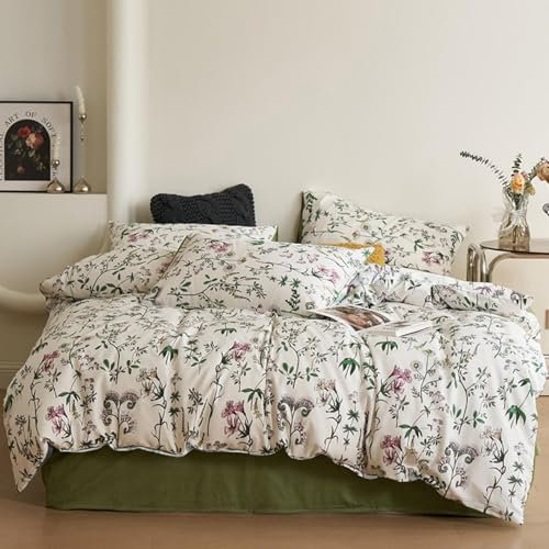 Freyamy Blumen Bettwäsche 135x200cm 2teilig Baumwolle Weiß Grün Rosa Floral Blätter Pflanzen Wende Bettwäsche Blumenmuster Mädchen Bettbezug mit Reißverschluss und Kissenbezug 80x80cm