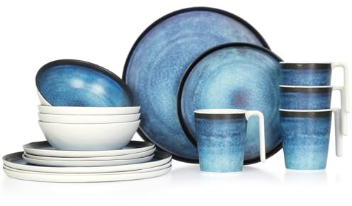 Camping Tafelgeschirr aus Melamin für 4 Personen 16-teilig | spülmaschinenfest | Picknick Geschirrset | Geschirr Campinggeschirr I Deep Ocean Design