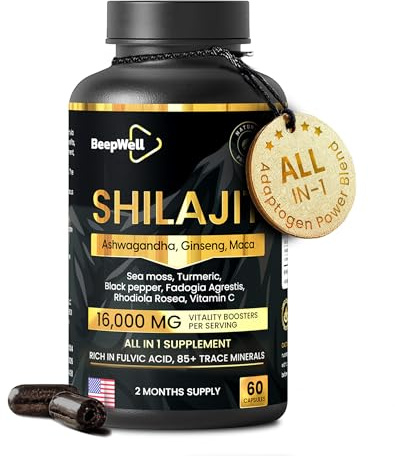 Shilajit Kapslar 16 000 mg – 60 Kapslar | Ren Shilajit med Ashwagandha, Maca, Sea Moss, Svartpeppar & Fulvinsyra | Växtbaserat Kosttillskott för Daglig Användning