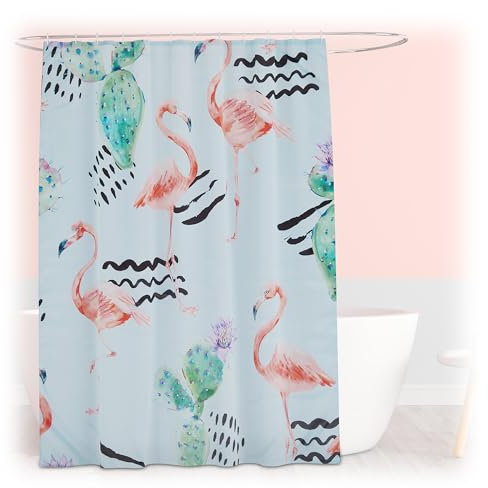 Relaxdays Duschvorhang Flamingos, Bad Vorhang 180x200, Anti-Schimmel, waschbar, 12 Ringe, Badewannenvorhang, Mehrfarbig