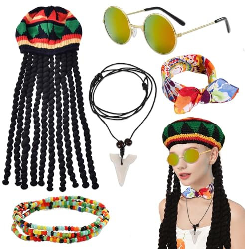 WYRGQIQN Rasta Mütze, Mütze Rasta Dreadlocks - Lustige Mütze mit Haaren und Zubehör,Rasta Hut Mit Gelber Brille Und Halskette, Cowboy Kostüm Herren trifft auf Rasta Perücke