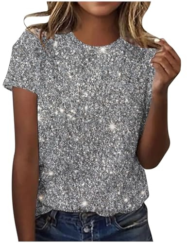 Mrat Sparkly Tops (No Sequin) for Women UK Sequins Print Tunic Tops Short Sleeve Round Neck Shirts Shiny Comfy Ladies Casual Blouse Elegant Gradient Blouses Loose Fit Casual Pullover Size 16