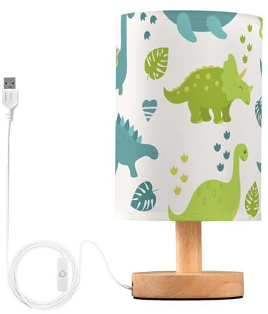 Mnsruu Bedside Table Lamp Dinosaur Tropical Plant Green Bedside Lamps LED Light Desk Lamp Fabric Shade Small Lamp for Bedroom Living Room (Bulb Included)