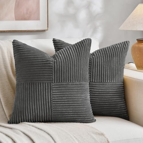 FDTERN 2er Set Dunkelgrau Kordsamt Kissenbezug 70x70 Weich Moderne Dekorative Kissenbezüge Kissenhülle Dekokissenbezug Sofakissen Dekokissen Boho Deko für Sofa Schlafzimmer Wohnzimmer Bett