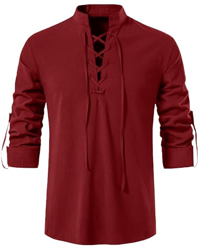 YAOHUOLE Men's Classic Scottish Jacobite Ghillie Kilt Shirt Tunic Long Sleeve Tops Burgundy 2XL