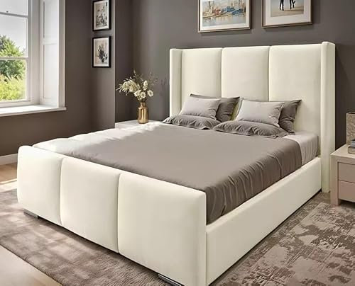 6FT Super King Ottoman Storage Solid Divan Base Bed Frame Wing Panel Headboard Upholstered In Cream Plush Velvet Bed Frame End Lift - No Mattress (Cream, 6FT Super King Frame With Storage)