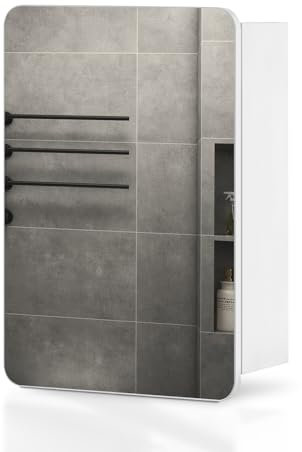 TUKAILAi Single Door Bathroom Mirror Cabinet, 40 x 50cm White Wall Mounted Storage Cabinet with Storage Shelf 1 Round Corner Mirror for Bathroom Washroom, Small
