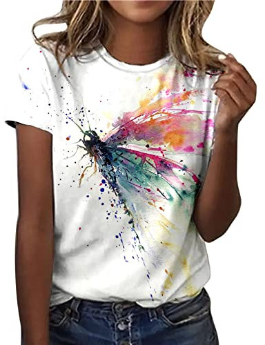 Womens Summer Smile Letter Print T-Shirt Ladies Tie Dye Butterfly Graphic Shirts Tee Round O Crew Neck Short Sleeve Tshirts Tank Tops Tee Loose Casual Shirts Tops UK