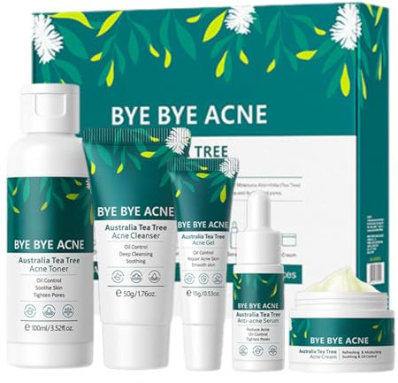 Tea Tree Acne Skin Care Sets & Kits, Tea Tree Oil For Skin-5-in-1 Face Wash, Moisturizer, Toner, Serum, Acne Gel ,Anti-Acne, Oil-Control & Soothing – Blackhead Remover & Exfoliator Facial Kit