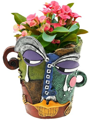 Eyoulife Abstrakter Blumentopf 19x18x14cm mit Ablaufloch, Blumentopf Gesicht Abstrakt Harz Bunt Nicht Leicht Verblassen für Terrasse Garten Büro