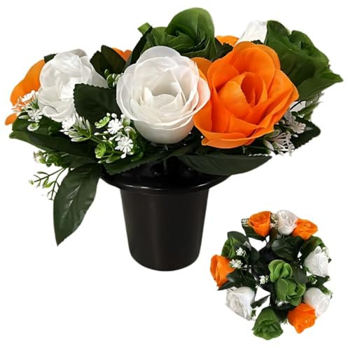 25cm Grave Flower Pots with Improved Design | Artificial Flowers for Graves in Pots | 12 Head Orange/White/Green Color Cemetery Decorative Artificial Flowers for Christmas & Grave decoration.