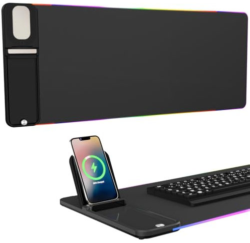 Birthday Gifts for Men Women,Wireless Phone Charger with Mouse Pad,RGB Gaming Mouse Pad with Phone Holder, 15W Fast Wireless Charging Desk Mat with Ultra-Smooth Surface for MacBook PC Laptop Computer