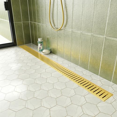 Neodrain 36 Gold Bathroom Linear Shower Drain with Removable Capsule Pattern Grate, 304 Stainless Steel Rectangle Shower Floor Linear Drain- Adjustable Leveling Feet,Hair Strainer, CUPC Certified