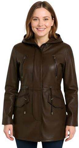 Women’s Real Leather Hooded Parka Jacket – Multi-Pocket Trench Coat