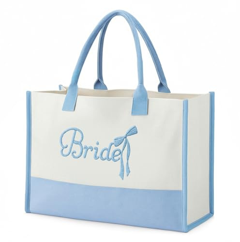 Sunnymove Bride Tote Bag Canvas Embroidery Wedding Shower,Blue Bow