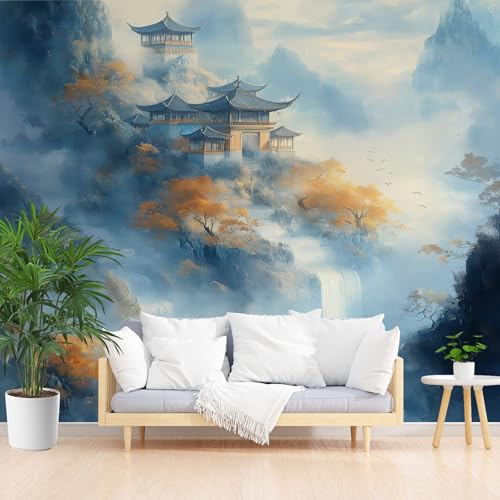 Papier Peint Panoramique Paysage Artistique Oriental Vintage Poster Geant Mural, Paysage de Loft de Montagnes Papier Peint Intissé Mural pour Salon Canapé TV Fond Décoration Murale 350x256cm(L x H)